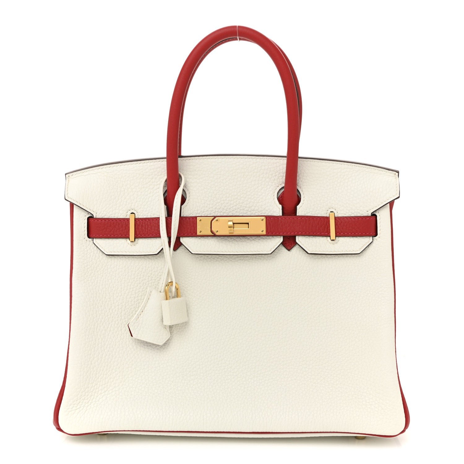 Hermes Taurillon Clemence Horseshoe Birkin 30 White Rouge Casaque